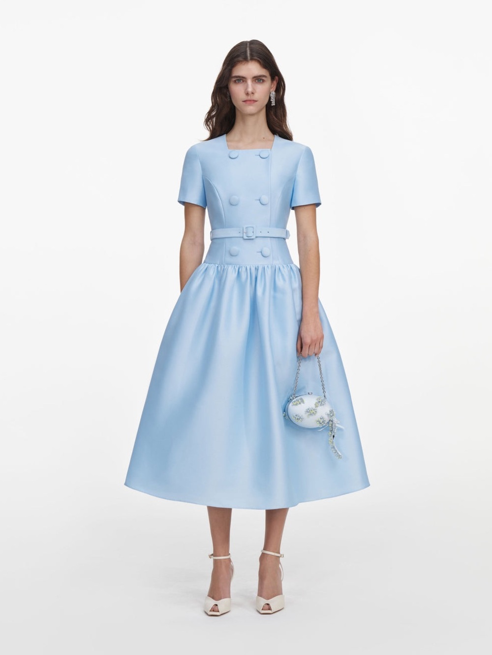 NWOT Self-Portrait Blue Button Front Taffeta Midi Dress, US 0/2/4/6/8/10/12/14